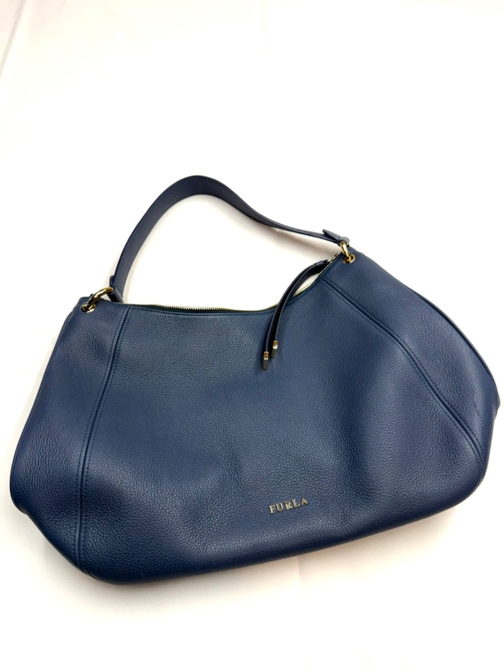 FURLA Womens Medium Blue Leather Gold Hardware Top Zip Shoulder HandBag Purse